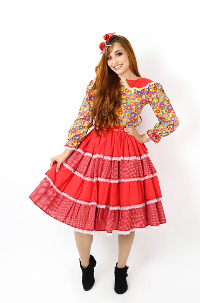 Festa Junina Vestido vermelho babados gola